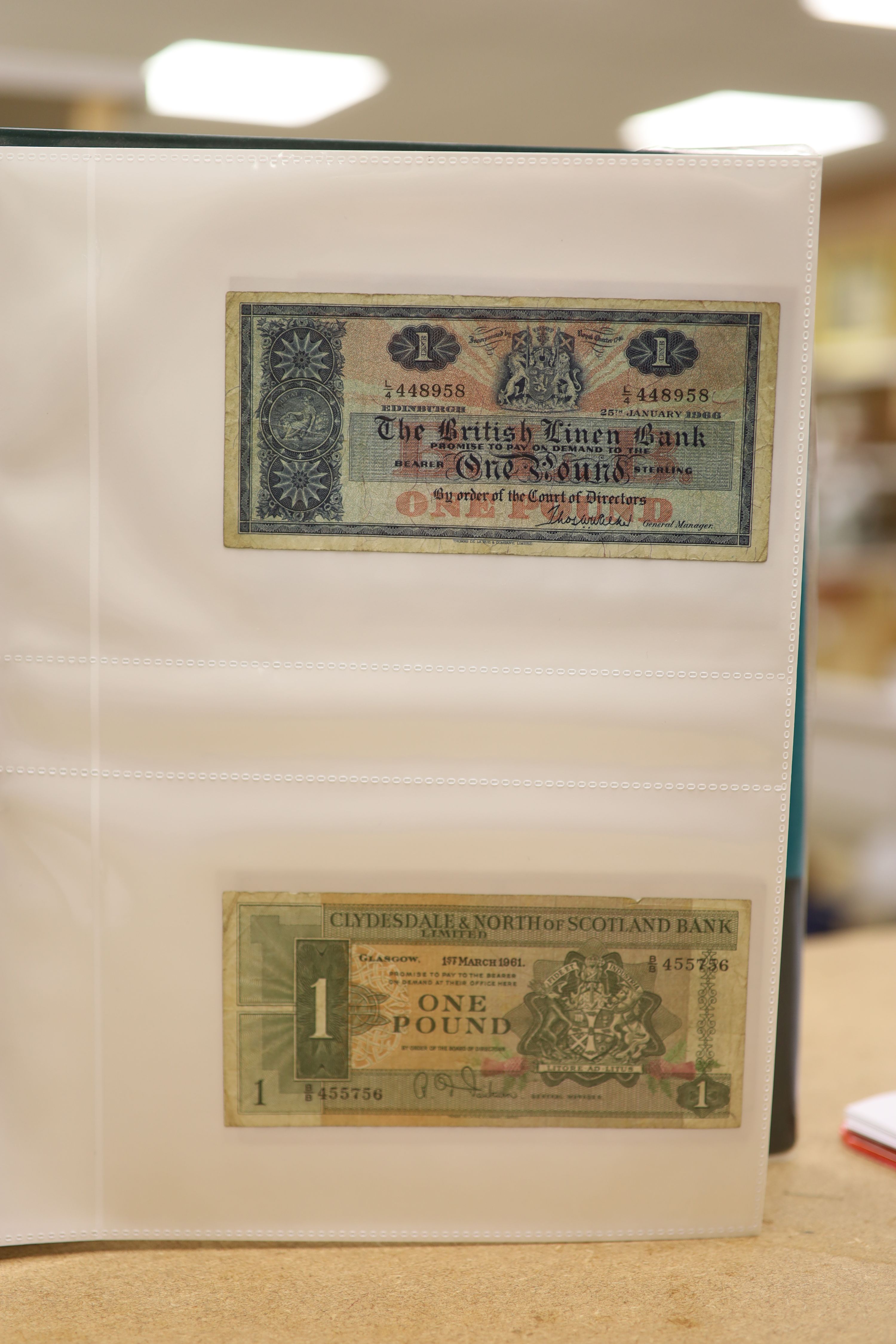 A collection of Bank of England and Scottish banknotes to include: 21 QEII 10 shillings, 14 O'Brien and Beale 10 shillings, 1 Peppiatt 10 shillings, 4 Hallam one pound notes, 18 O'Brien or Beale one pound notes, 8 Peppia